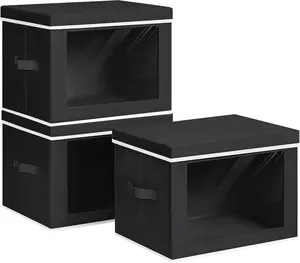 3-Pack Fabric Storage Bins with Lids - Window, Handles, Collapsible Closet Organizers for Baby & Home Use, Dark Grey Decorative Cubes for Clothes, Hats