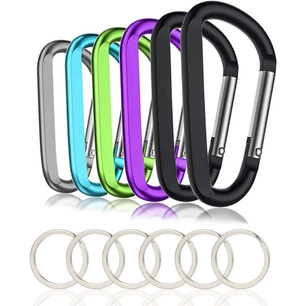 6 count Black Carabiner Caribeaner Clip,3" Large  D Ring Shape Carabeaner with 6 count Keyring  Hook...