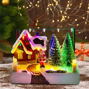 1 PC LED Christmas Village House Scene Decorative Ornament – Lighted Santa Figurine with Snowy Trees, Holiday Pathway and Festive Tabletop Decoration for Winter Home Display