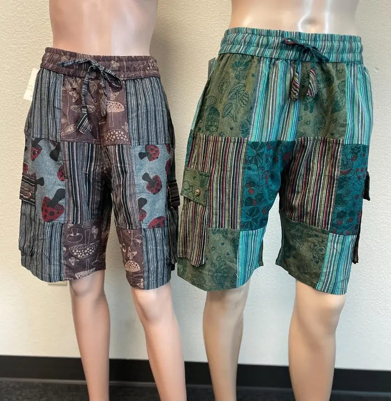 Cotton Patchwork Cargo Shorts: Bohemian Mushroom Print, Hippie Festival Pants