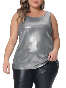 Agnes Orinda Plus Size Tops for Women Crew Neck Sleeveless Party Clubwear Holographic Shiny Metallic Tank Top