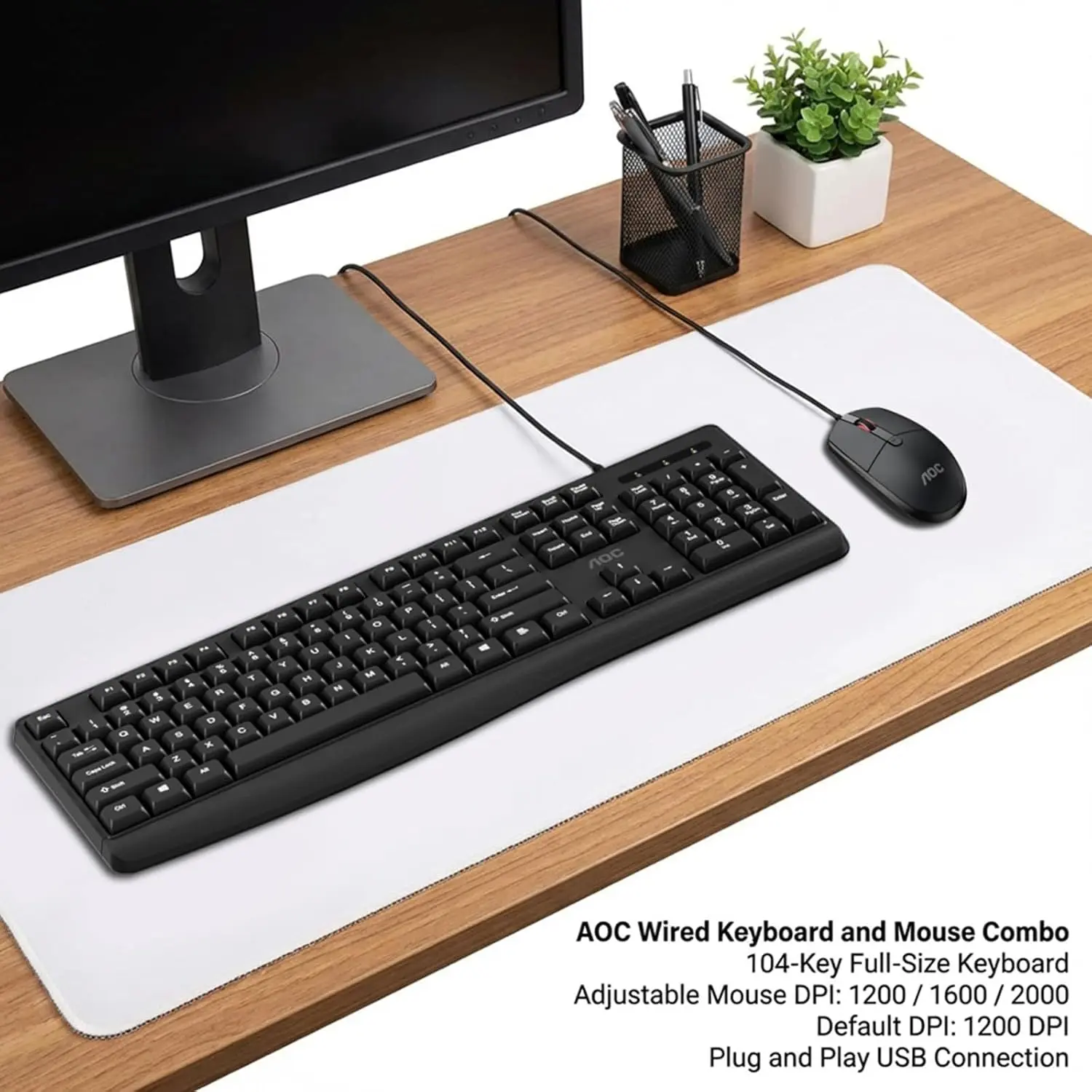 AOC Wired Keyboard and Mouse Combo, Ergonomic Corded Computer Keyboard & Mouse Combos for PC Laptop Office, Black Full-Size USB Keyboard and Mouse Set for Work with Adjustable 2000 DPI KM170
