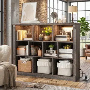 Farmhouse 10 Cube Storage Organizer, Rustic Open Bookshelf with LED Light & Charging Station, Multi-Functional Display Cabinet Shelf for Living Room Bedroom Home Office Decor