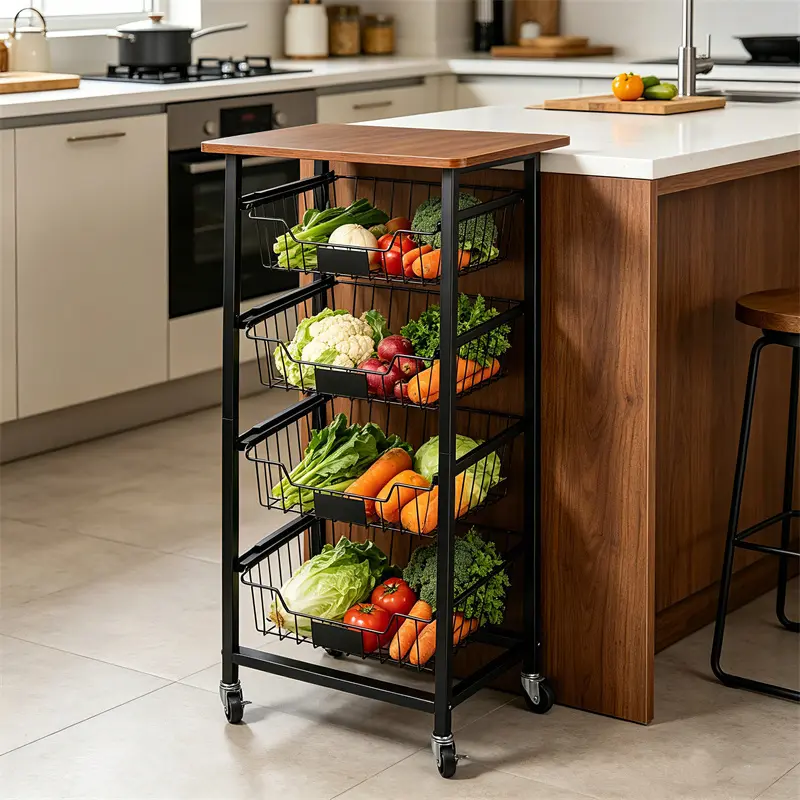 Fruit Basket – 4-Tier Utility Kitchen Organizer and Storage Cart with Pull-Out Baskets and Wood Top, Rolling Pantry Kitchen Cart on Wheels for Fruit, Potato, Onion, Vegetable, Snack, Produce