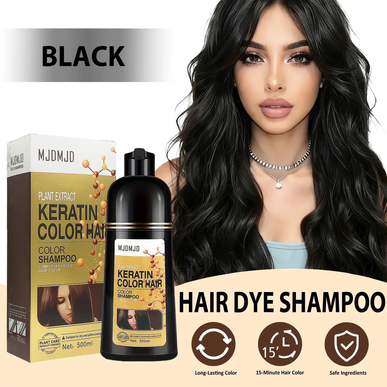 Black Hair Dye Shampoo 3 in 1,Herbal Ingredients Natural Hair Color Shampoo for Gray Hair, Long Lasting Semi-Permanent Hair Coverage for Women & Men, Mild Formula, Lasts 30 Days, 500ML