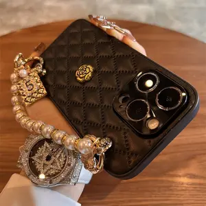 Quilted Camellia Case with Pearl Bracelet Accent for iPhone 16 / 13 Pro Max / 15 / 14 – Luxe Shockproof Cover with Raised Camera Lip and Chic Texture