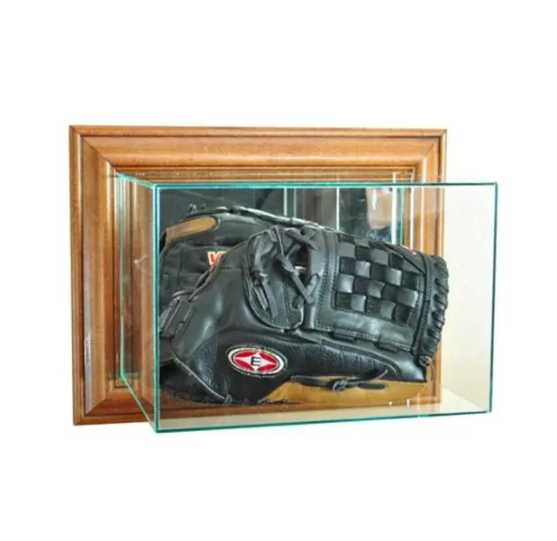 Perfect Cases Wooden Wall-Mounted Glove Display Case - WMGLV-W Model, Walnut Home Organiser with Glass, Mirror on the Back, Top Hinges for Baseball Fans, Home Supplies Storage Accessory