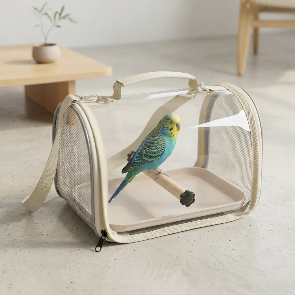 Nylon Transparent Bird Travel Carrier for Parakeets - Portable View Cage Bag with Wooden Perch, Breathable Mesh, Carry Handle, Shoulder Strap