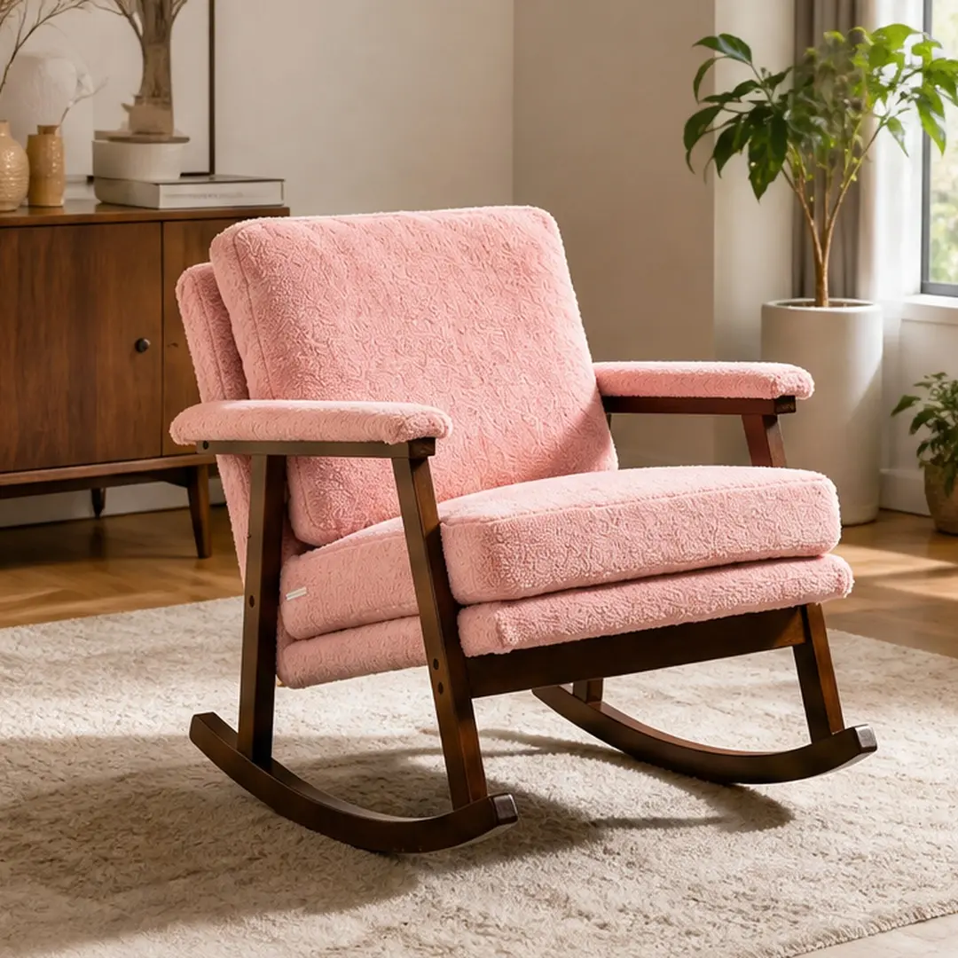 ARCH Mid-Century Modern Velvet Upholstery Rocking Chair with Wood Frame, High-Density Sponge Cushion, 250lbs Capacity, Upholstered Accent Armchair for Living Room, Sunroom Reading Chair, Light Pink, Upholstery Rocking Chairs