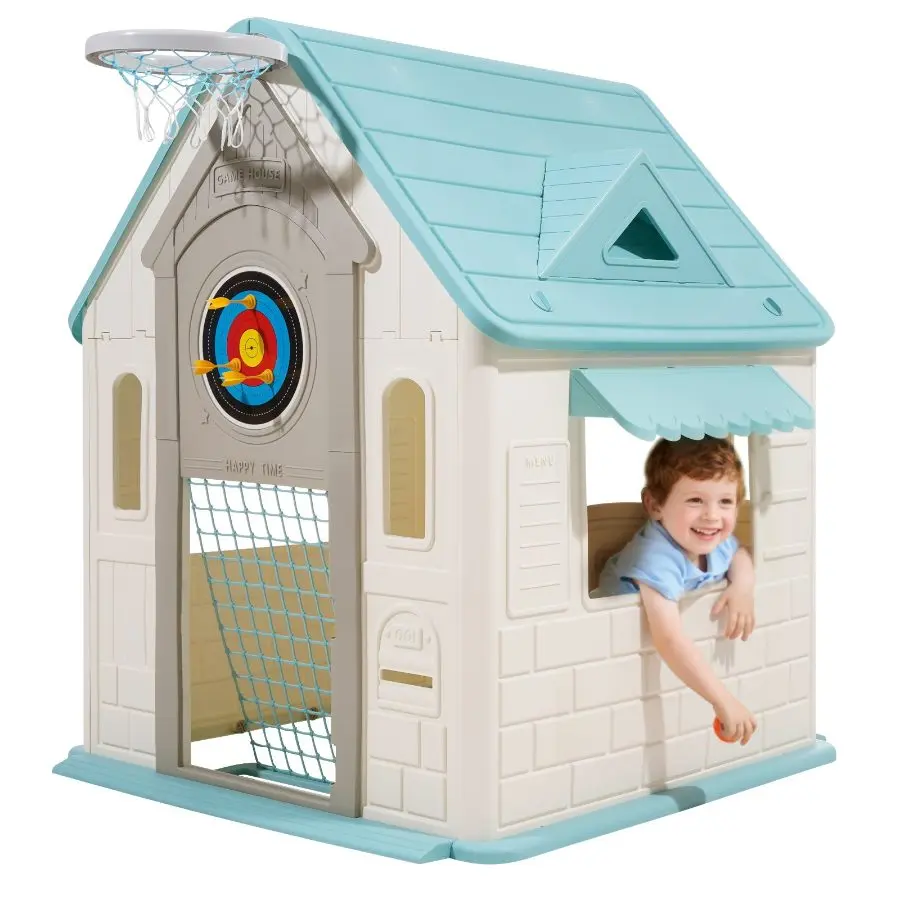 【DealsForYouDays】 Multifunction 5-In-1 Outdoor Playground Set for Ages 2+ - Polypropylene Plastic Cottage Playhouse with Pretend Play, Basketball, Darts, Soccer, Ring Toss, Toddler Slide, Convenient Window & Door, Smooth Edges