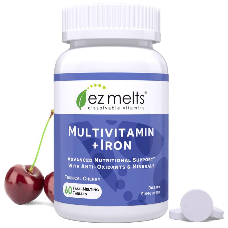 EZ Melts - Fast-Melting Multivitamin + Iron - Daily Multivitamin for Women & Men - Supports Healthy Energy Levels & Antioxidant Protection - Non-GMO & Vegan - Tropical Cherry - 60 Tablets (30 Servings)