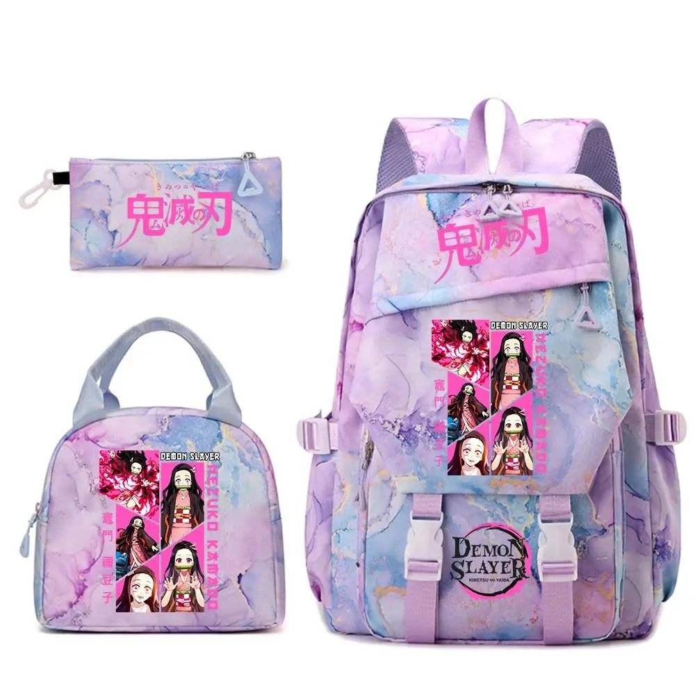 Demon Slayer Nezuko Anime Print School Backpack Set for Girls Including Lunch Bag and Pencil Case Kawaii Student Bookbag
