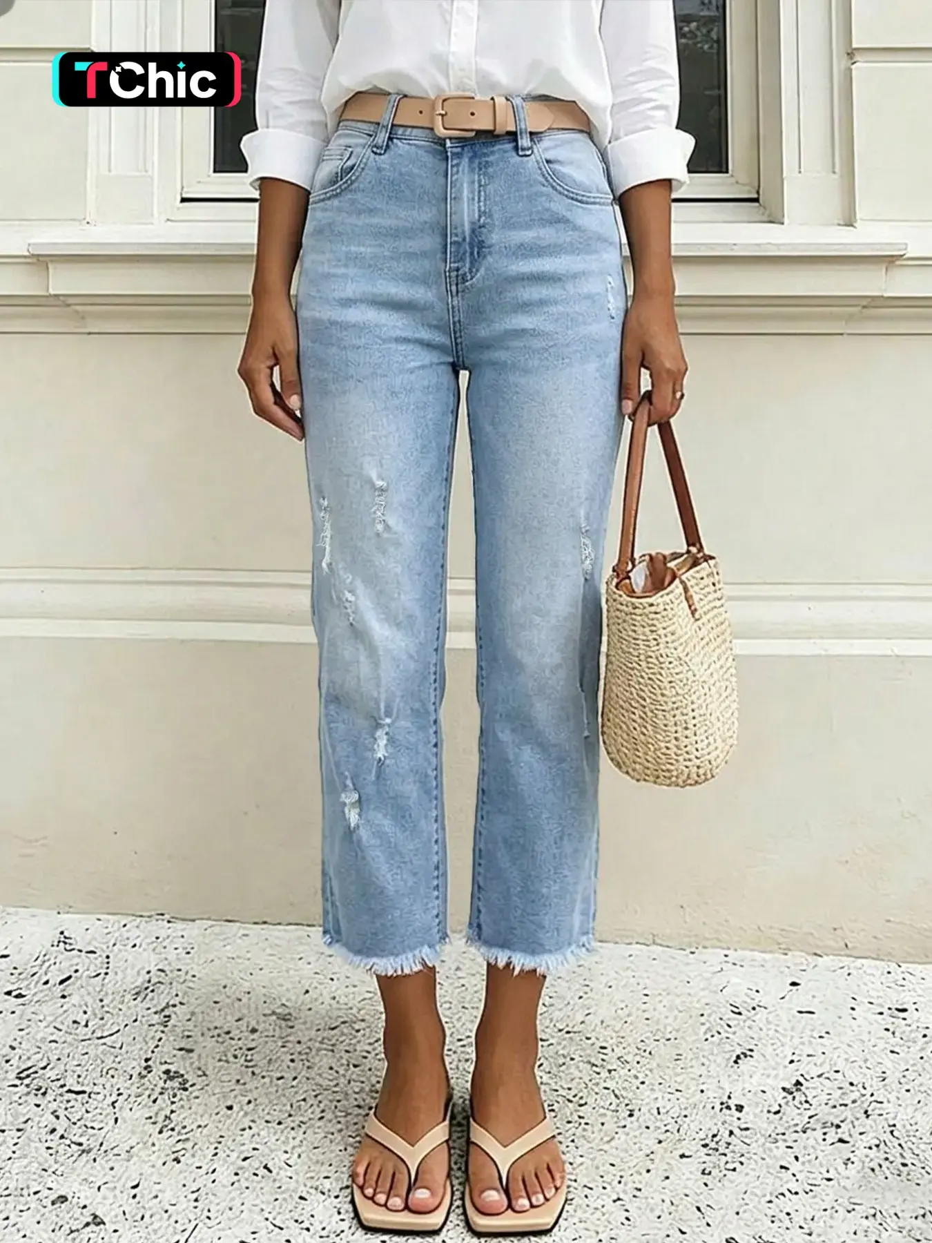 Women's High Waist Ripped Light Wash Straight Leg Denim Capri Jeans, All Season Casual Everyday Fitted Pants Bottom with Frayed Edge Design, Elastic Fabric, Perfect for Daily Wear and Commuting