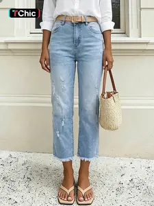 Women's Ripped Straight Leg Denim Capri Jeans, All Season Casual Fitted Pants, Elastic Fabric, Perfect for Daily Wear and Commuting