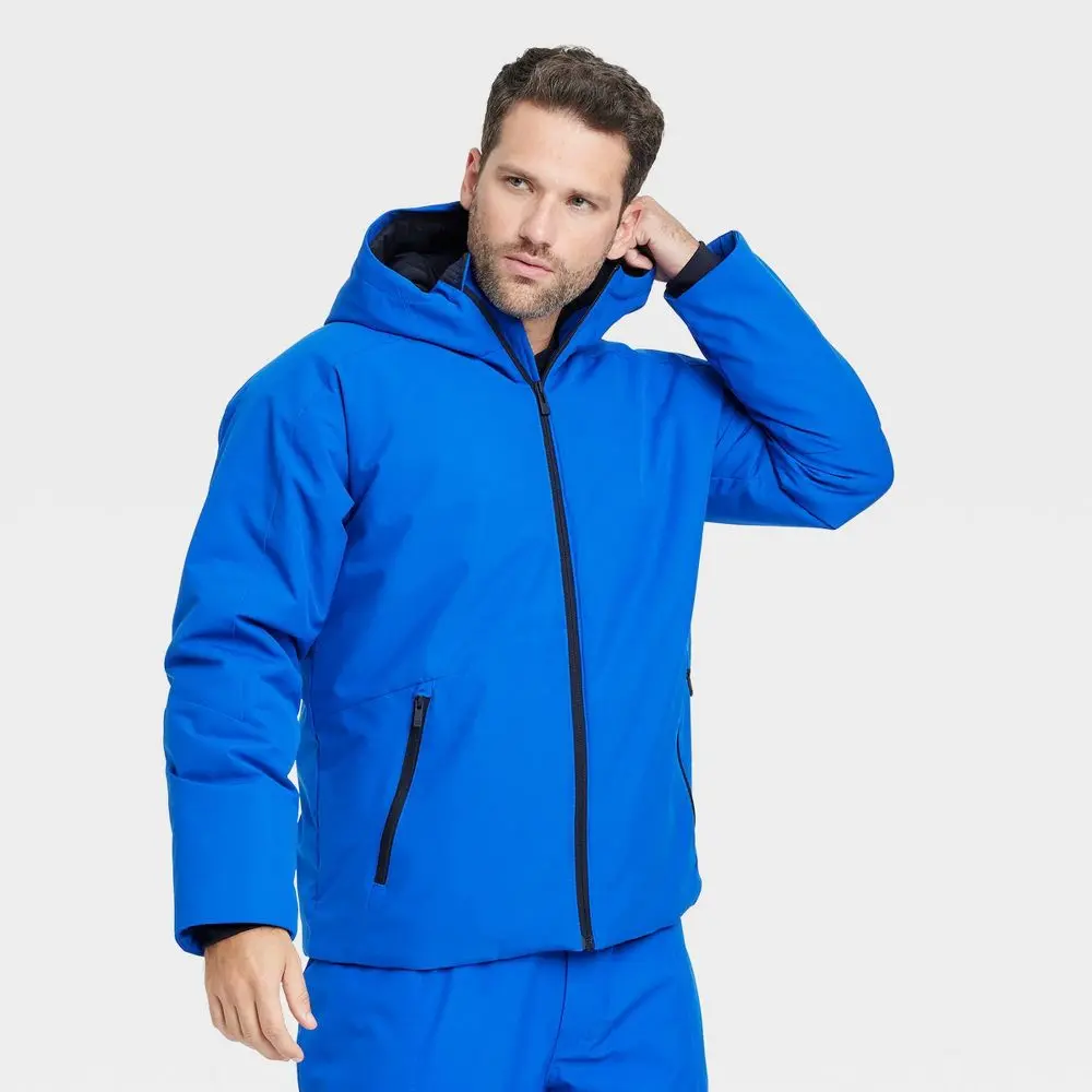 Men's Winter Jacket - All In Motion Blue M: Heavyweight Hooded Wind & Water-Resistant Zippered Pockets Recycled Polyester