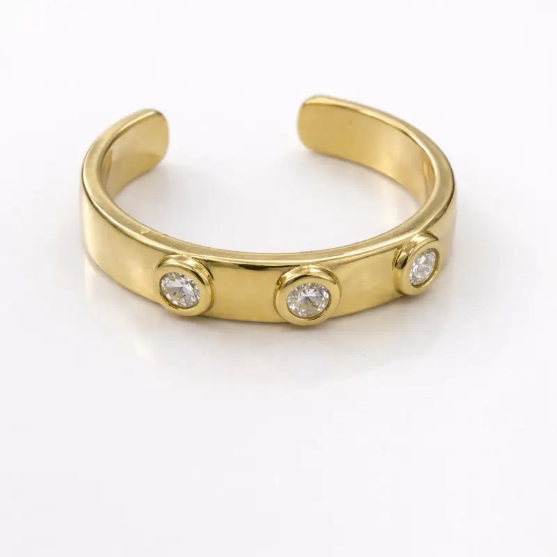 10K Gold Open Cuff Ring with Clear Accent Stones for Women's Fashion Jewelry