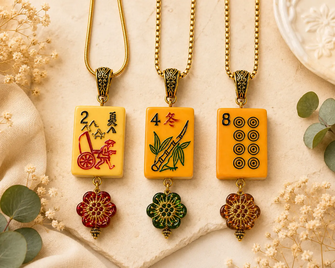 Handmade Vintage Bakelite Mah-Jongg Tile Necklace with Floral Charm