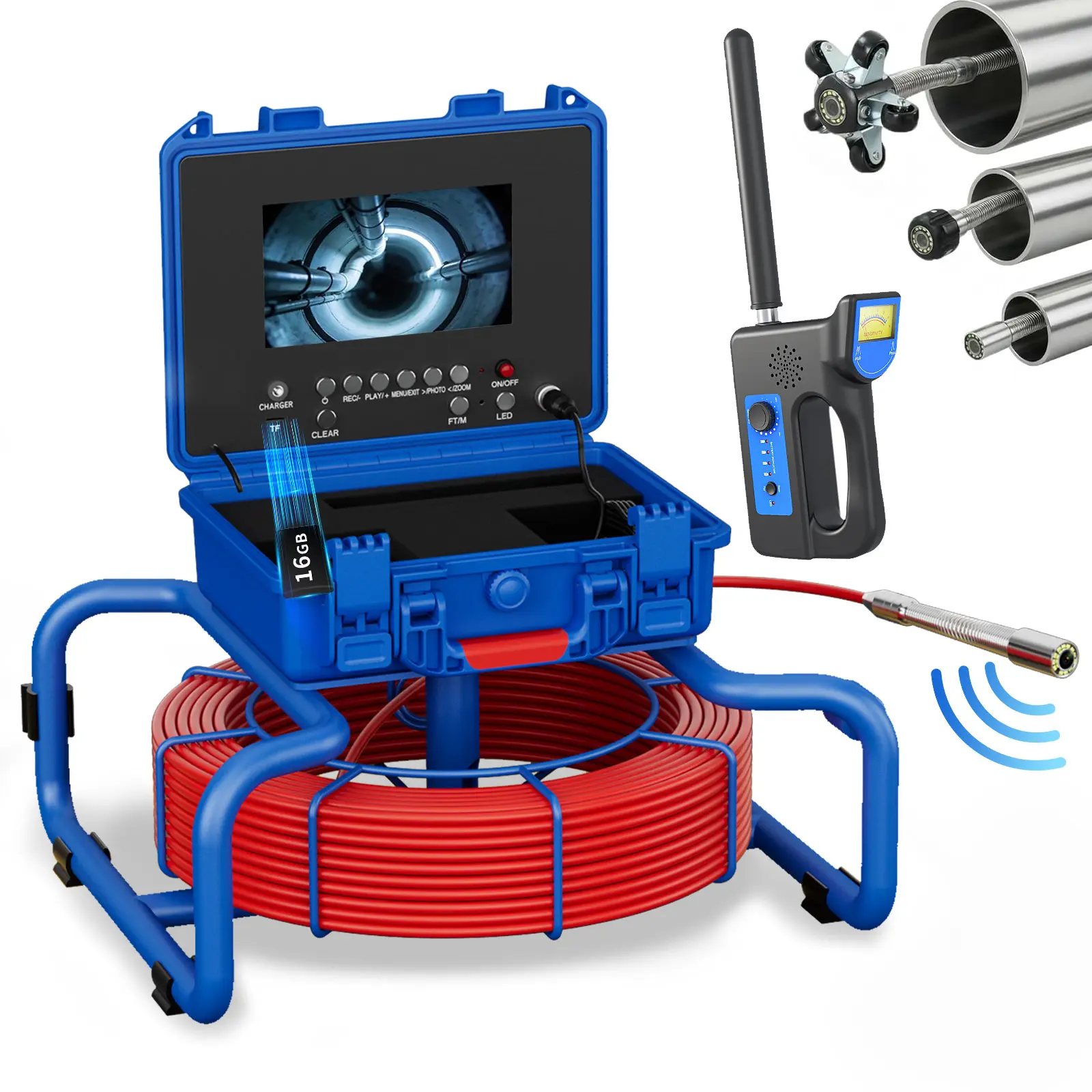 Sewer Inspection Camera  with Locator, 512Hz Sewer Camera with Self-Leveling, 23mm/0.7in Drain Camera with Distance Counter, 5X Zoom, Waterproof Plumbing Inspection Camera with 12 PCS Lights, 100FT/30M