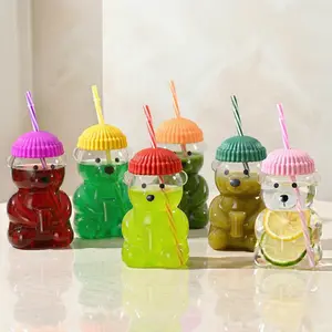 Cute teddy bear straw cup, juice milk cup  Drinkware Water  Tumbler Portable Reusable Bottled Washable glass