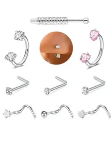 8 Piece Horseshoe Nose Ring Set, Surgical Steel Ear Rings, Eyebrow Lip Cartilage Conch Studs, Unisex Piercing Jewelry, Includes Tools, Body Piercing Jewelry