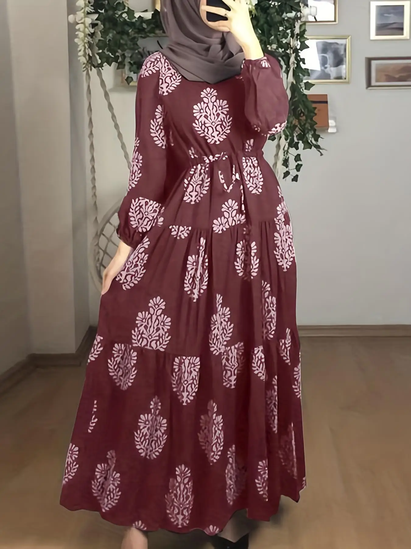 Women's Ethnic Pattern Ruffle Hem Tie Front A Line Arabian Dress, Elegant Bishop Sleeve Round Neck Long Dress, Ladies Spring & Fall Clothes