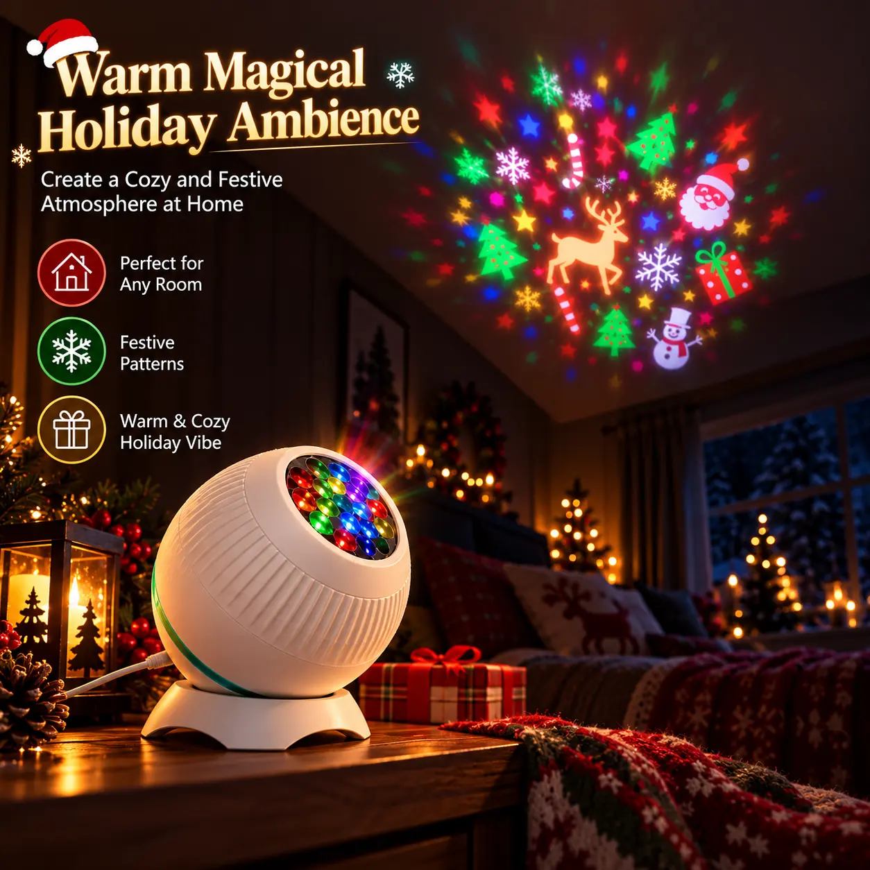 Christmas Lights Projector for Bedroom & Living Room, Moving Holiday Pattern Projector with Remote, Adjustable Speed & Brightness, USB Powered Christmas Decorations Indoor