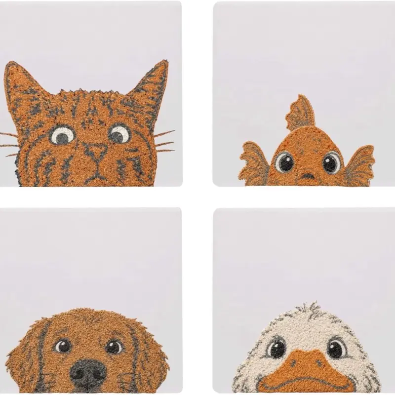 Animal Coaster Set of 4, Ceramic Coasters with Cork Backing, Raised UV Texture Pet Designs, Cat Dog Duck Goldfish Drink Coasters, for Animal Lovers