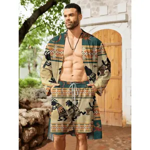 This plus-size men's suit includes a long cardigan and shorts set, designed with tribal dance art patterns, making it perfect for young men looking for trendy spring and summer wear. It features ethnic prints, high quality, durability, and is available in