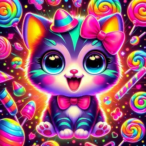 5D DIY Full Drill Round Diamond Painting - Diamond Art Kit Rainbow Cat, Candy, Bowknot Mosaic, Canvas, Diamond Painting Kits - DIY Home Decoration, Wall Art, Suitable for Halloween, Christmas, Birthday, and Anniversary Gifts