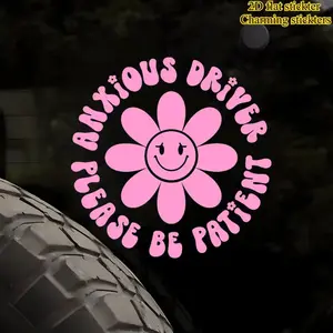 1PC Street Trendy Soft Self-Deprecating Logo Sticker Stick on car bodies ， this pink flower smile + circular slogan decor instantly has a gentle kind vibe, anxious car owners can use it as a super gentle reminder-stylish trendy decoration