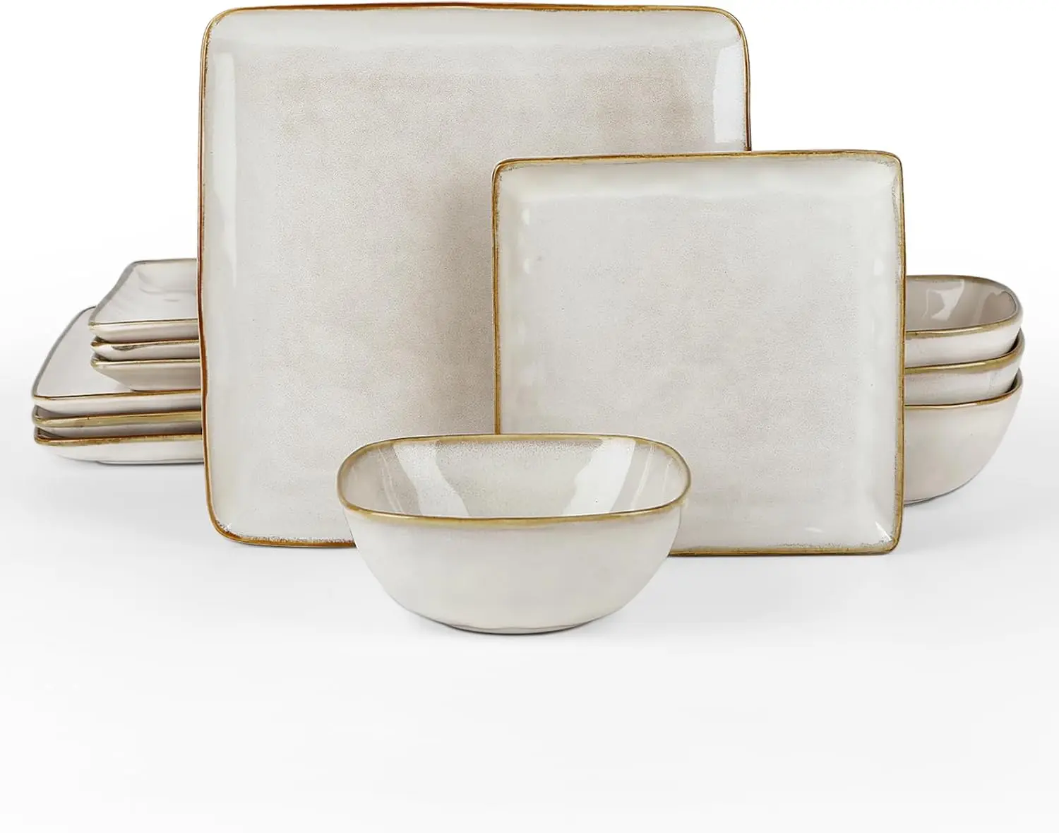 Dinnerware Sets for 4,  Square 12- Kitchen Plates and Bowls Sets, Reactive Glaze, Microwave and Dishwasher Safe, Scratch Resistant, Cappuccino White