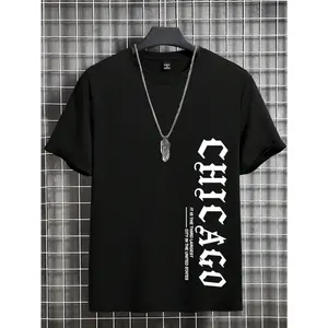 Manfinity Homme Men's Slim Fit Round Neck Short Sleeve T-Shirt, Fashionable For Summer CHICAGO Streetwear Men Clothes