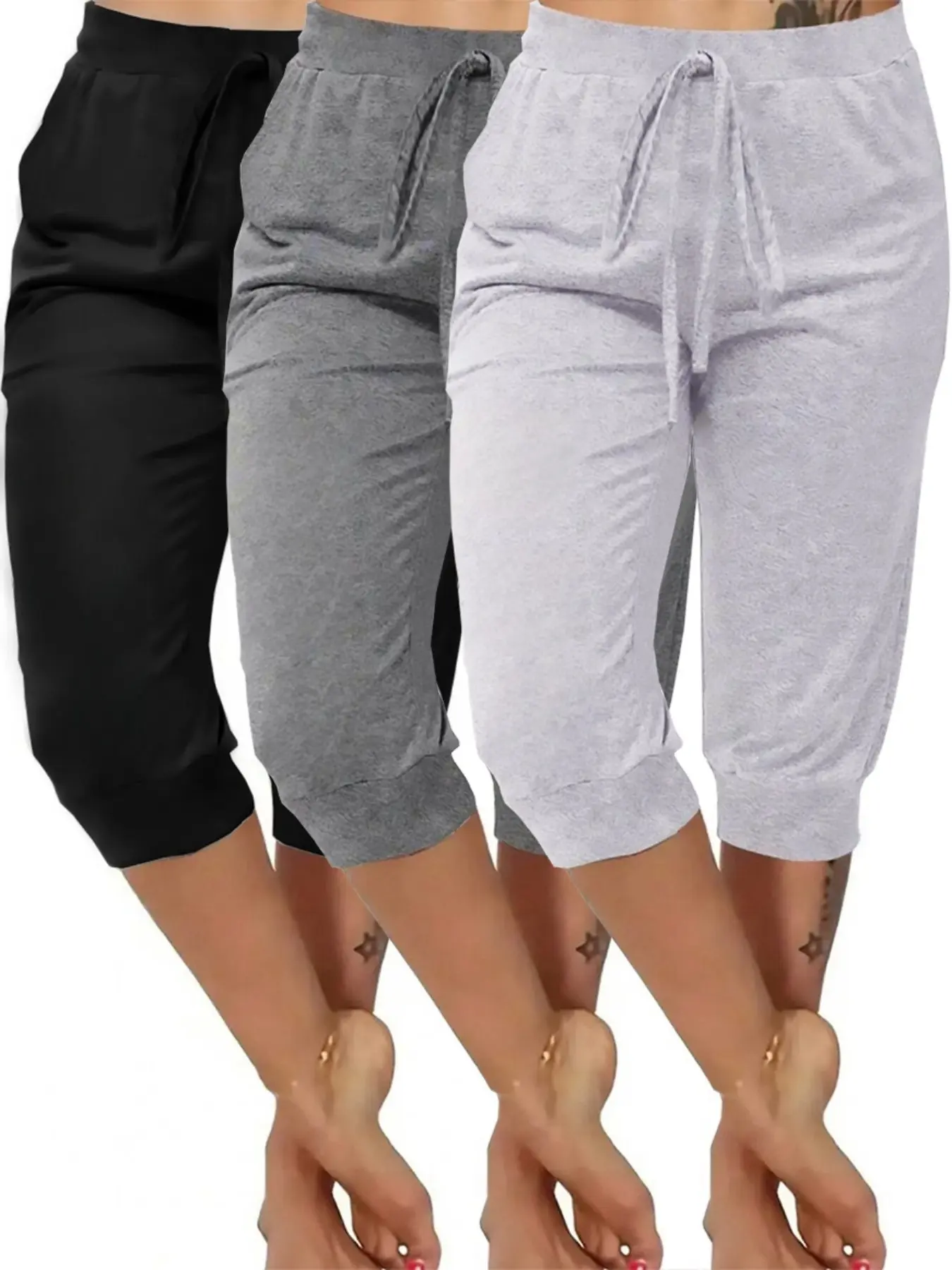 3-Pack Women's Plus Size Solid Color Butterfly Knot Tie Waist Casual Elastic Seven-Quarter Pants Sleepwear Loungewear, Comfortable Wear at Home