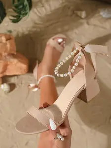Elegant Women's High Heel Sandals, Open Toe Pearl Strap, Summer Thick Heel, Casual Dress Shoes, Versatile Daily Wear, Fashionable Ladies' Footwear, High Heels Sandal