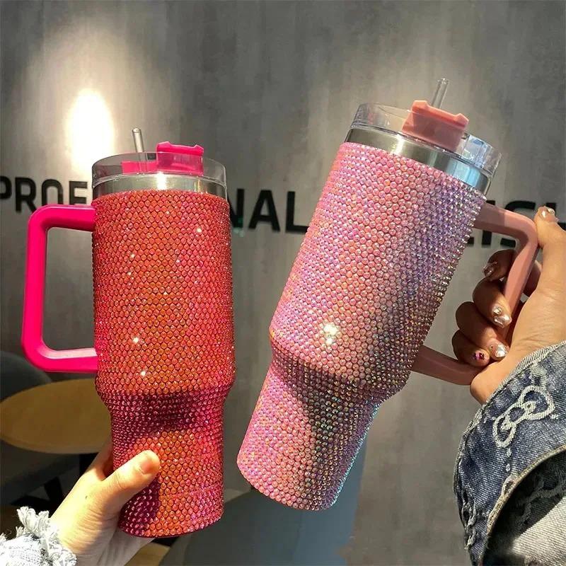 Car Stuff 40oz Shiny Diamond Stainless Steel Insulated Tumbler with Handle | Car Travel Mug | Keeps Hot & Cold