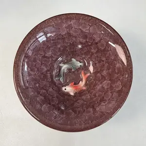 Artisan Plum Purple Crackle Glaze Koi Fish Tea Bowl Traditional Chinese Gongfu Teacup Handcrafted Ceramic Tea Cup with 3D Koi Design