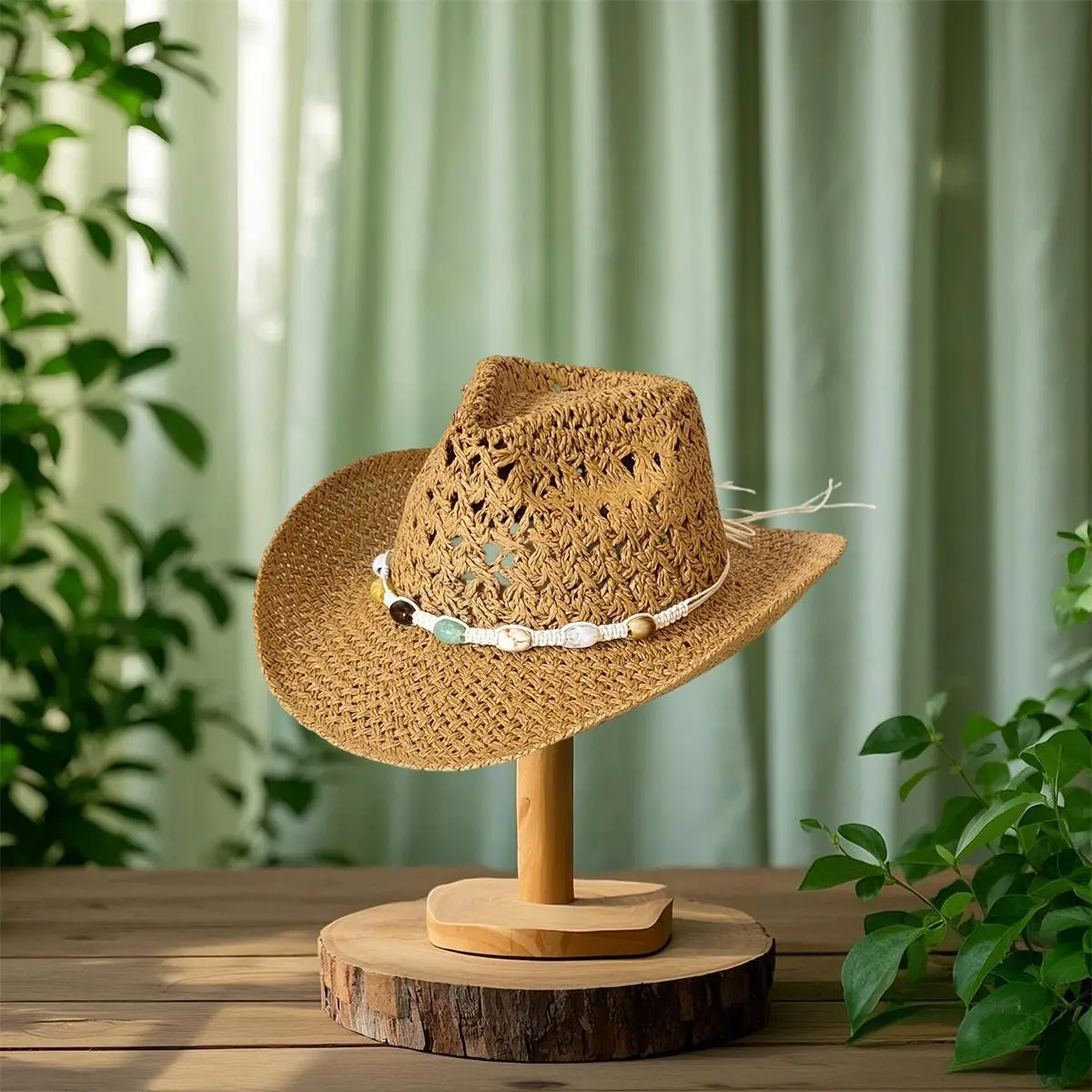 Stylish Raffia Straw Cowboy Hat with Beaded Detail and Wide  display picture 2