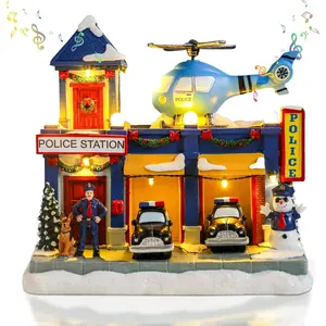 Vipush Christmas Village House Decorations Resin Police Station Home Decor Indoor Building Figurines Revolving Train with LED Light and 8 Christmas Music for Kids
