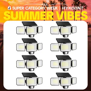 HYKOONT Solar Outdoor Flood Lights, 3000LM 299-LED Security Lights with 3 Dimmable Heads, 3 Modes, IP65 Waterproof, Wide Angle Illumination and PIR Motion Inductor, Solar Flood Lights