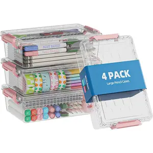 4 Pack  Pencil Box, Plastic Pencil Case Organizer, Clear Crayon Box Marker Organizer, Stackable Craft Organizers and Storage for Pen, Craft, Art ()