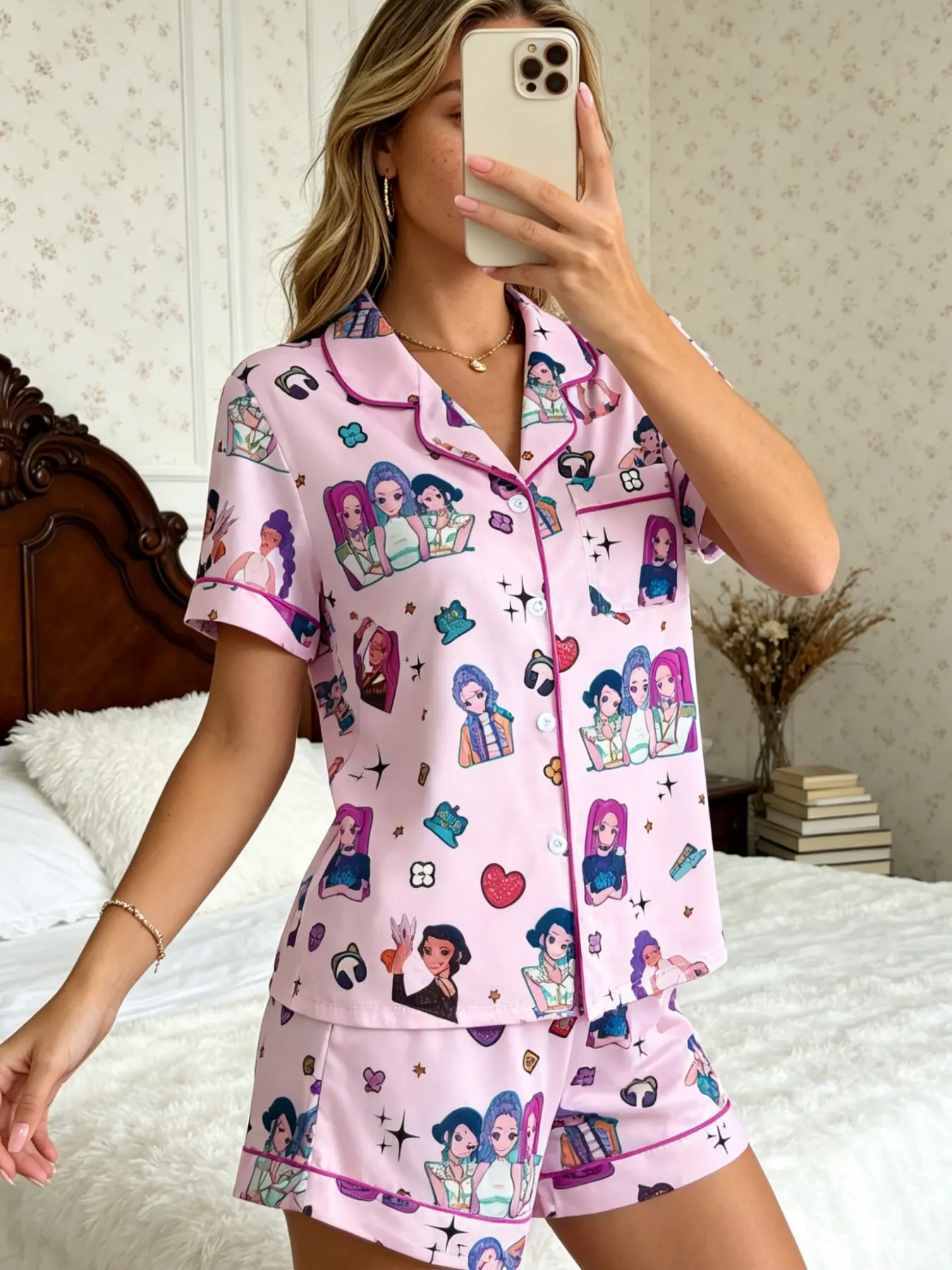 Women's Pajamas Set Pjs K-pop Aesthetic Y2K Girly K-pop Fan Idol Lover Cartoon K-pop Girl Print Button Down Short Sleeve Silky Milk Silk Soft Relaxed Fit Sleepwear 2 Piece Cute Nightwear Loose Fit Loungewear Set for Women