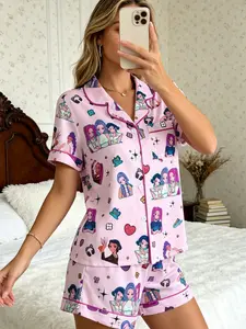 Women's Pajamas Set K-pop Aesthetic Y2K Girly K-pop Fan Idol Lover Cartoon K-pop Girl Print Button Down Short Sleeve Silky Milk Silk Soft Relaxed Fit 2 Piece Cute Nightwear Loose Fit Loungewear Set for Women