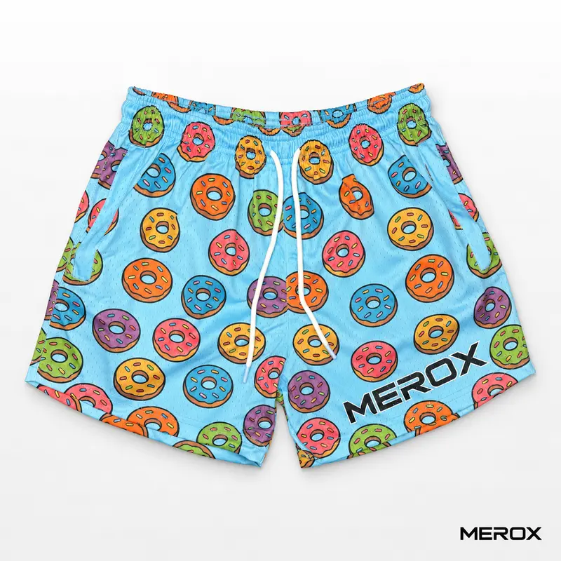 MEROX Donut 5-Inch Mesh Shorts for Men & Women – Sky Blue Sprinkle Doughnut Print Gym Shorts with Zipper Pockets, Breathable Athletic Workout, Running, Festival & Summer Streetwear Shorts