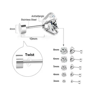 1Pairs/2Pcs Stainless Steel Crystal Studs Earrings For Women Men 4 Prong Tragus Round Clear Cubic Zirconia Ear Jewelry