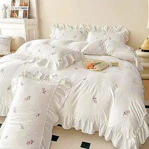 3-Piece Rose Embroidered White Modern Bedding Set for Girls Bedroom , Korean Style Soft Cotton-Like Comfortable Breathable, Includes 1 Duvet Cover & 2 Pillowcases