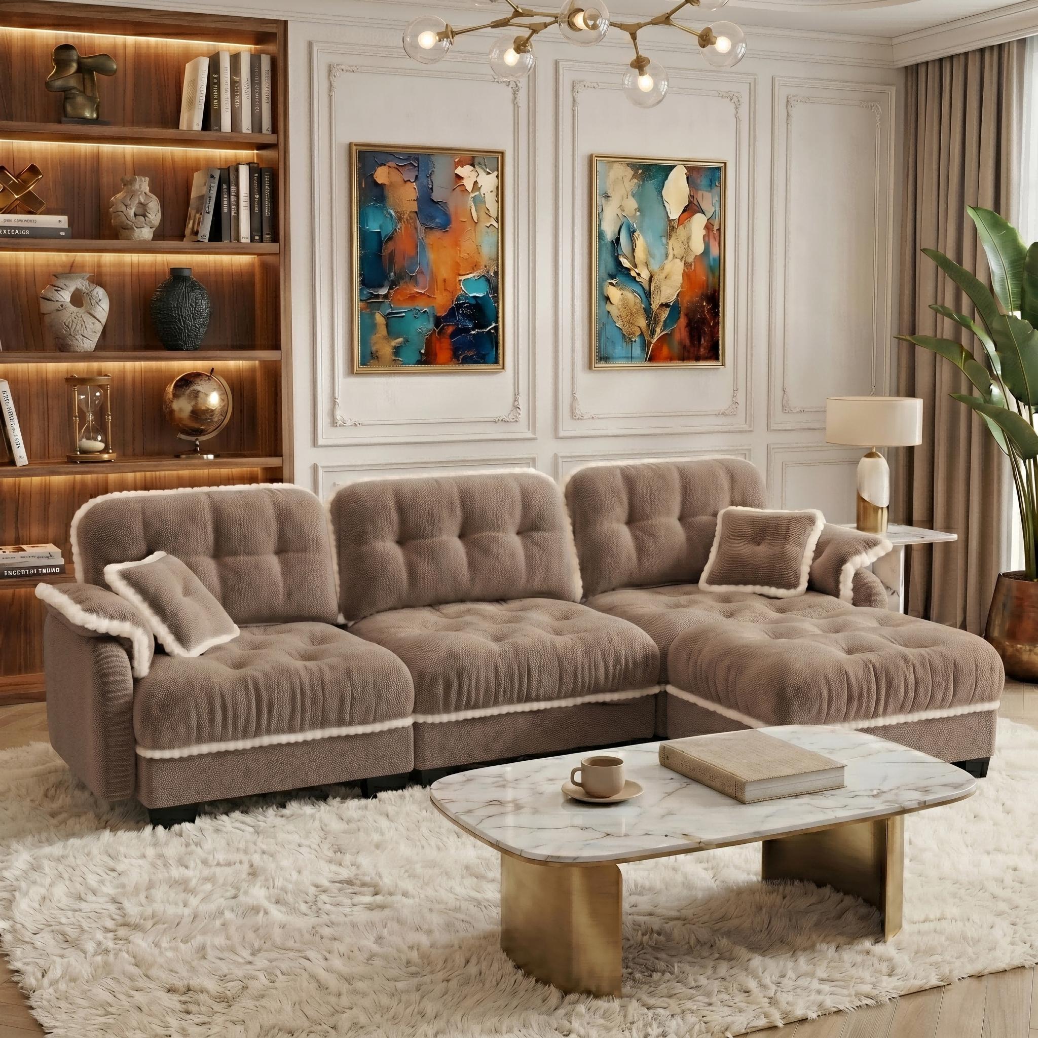 Eyisean 100.7in Chenille Modern Modular Sectional Sofa Furniture - 3-Seater U-Shaped Comfy Couch with Fixed Arms, Armrest Pillow, Back Cushion, 2 Movable Ottomans, Pom-Pom Trim Quilted Tufted Deep Seat, Ergonomic for Living Room Decor, Small Spaces, Ottom