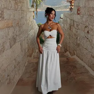 YJ24627PFO-White Dress, Spring Break Womens Elegant Off-shoulder Slim-fitting Long Dress, Tube Top Hollow A-Line Holiday Casual Dress for Women