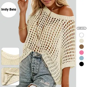 Imily Bela Womens Crochet Sweater Tops Batwing Short Sleeve Oversized Boat Neck Boho Knit Summer Beach Cover Ups