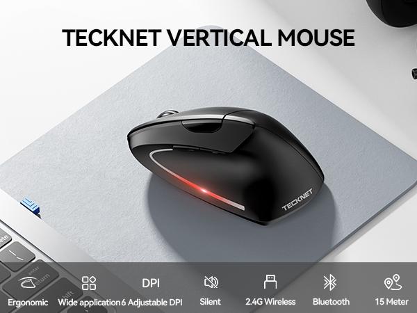 TECKNET Ergonomic Mouse, Wireless Bluetooth Vertical Mouse, 4800 DPI Optical Tracking, 6 Adjustable DPI, Quiet Clicks, 2.4GHz with USB A Receiver, 12 Months Battery, 6 Buttons, Wide Compatibility