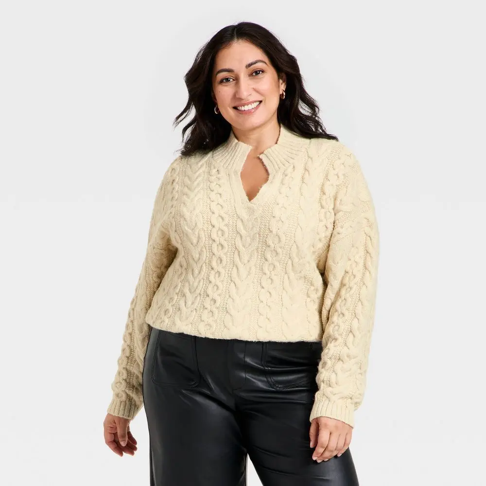 Women's Turnover Neck Cable Knit Pullover Sweater - A New Day